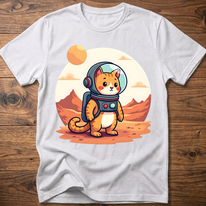 White crew-neck T-shirt with astronaut cat graphic in the center
