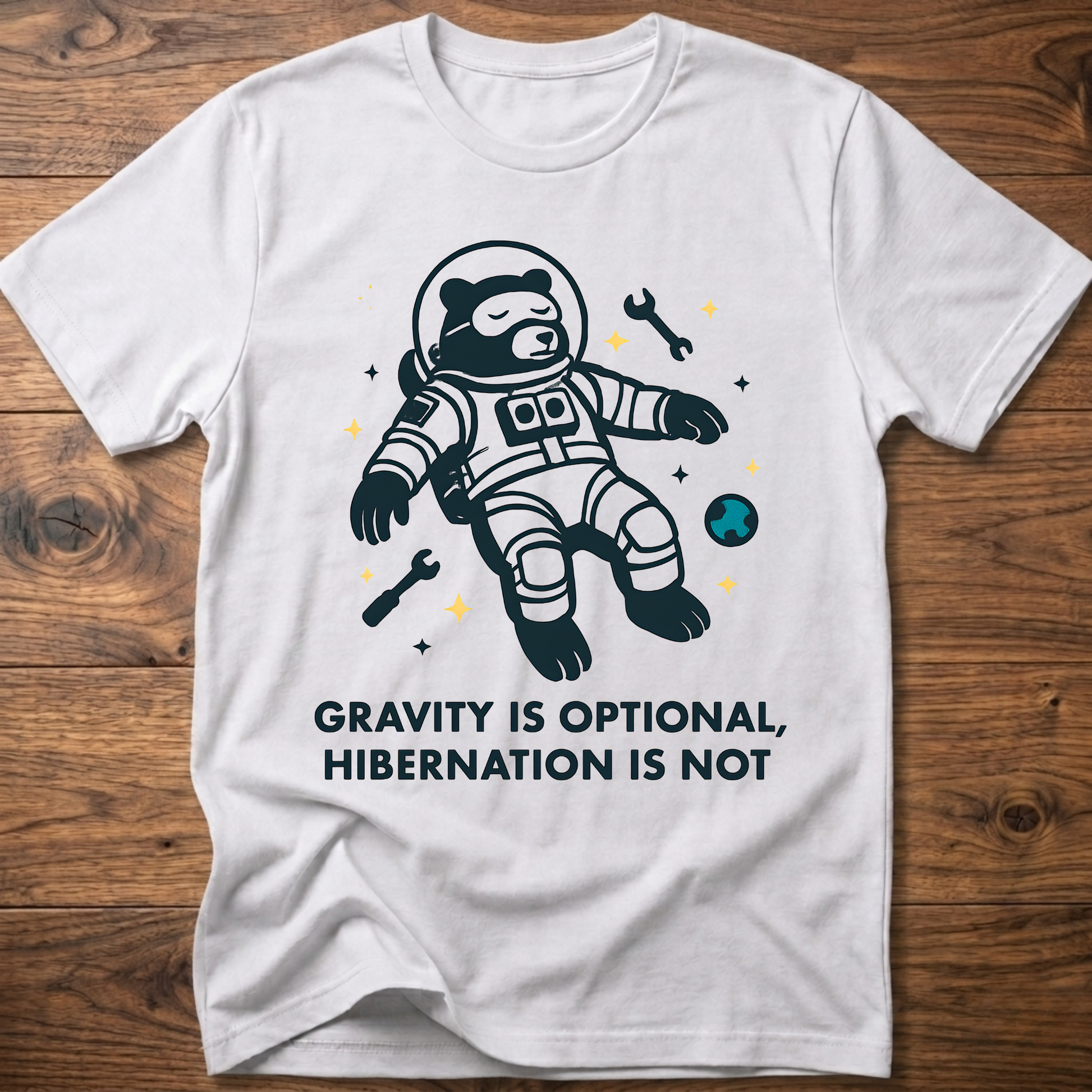 Hibernation bear astronaut t-shirt in white with front astronaut bear graphic and slogan text