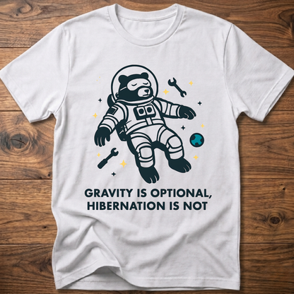 Hibernation bear astronaut t-shirt in white with front astronaut bear graphic and slogan text