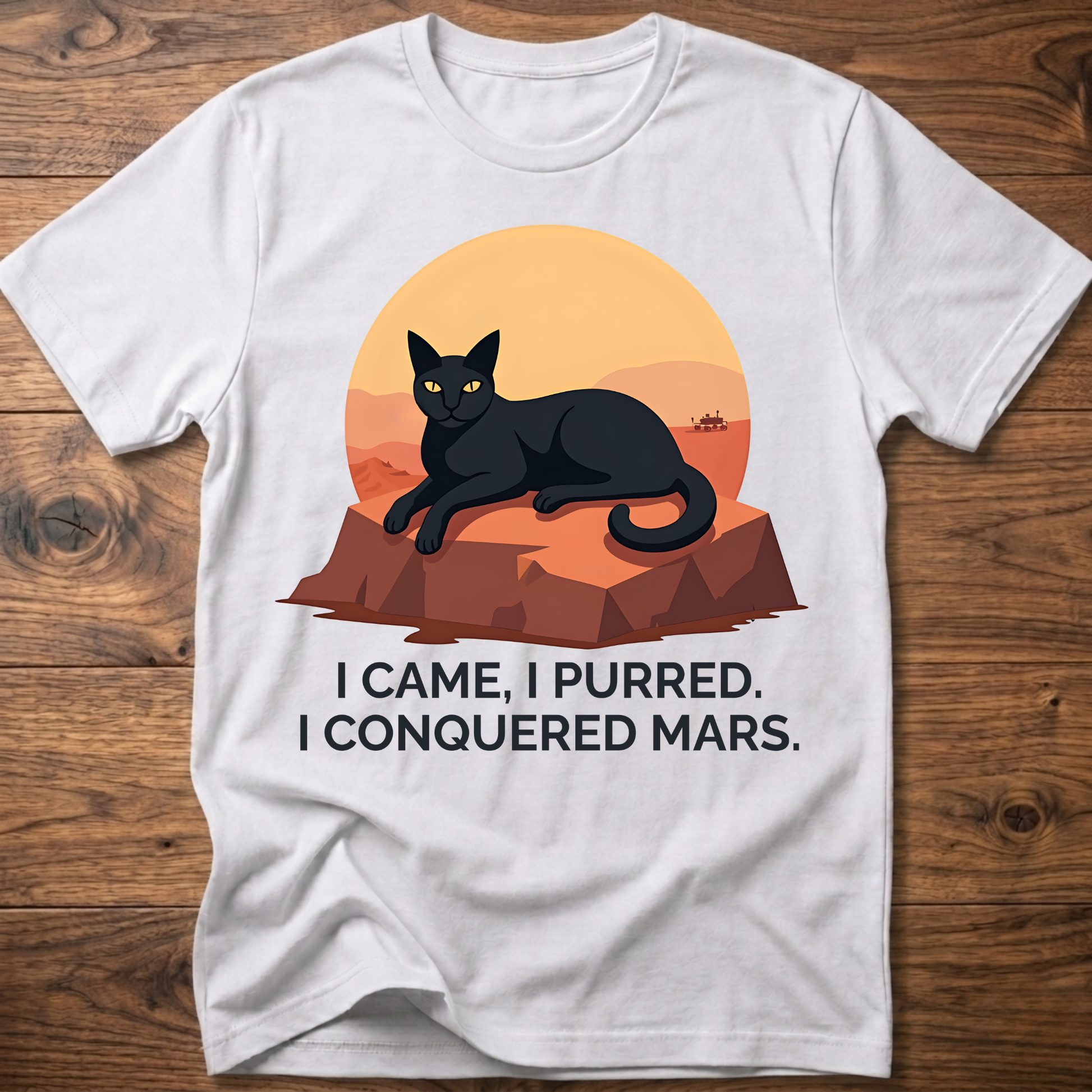 Conquered Cat T-shirt, white; lounging cat graphic with orange text 'I CAME, I PURRED.'