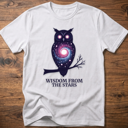 White t-shirt with owl nebula graphic and “Wisdom from the Stars” text
