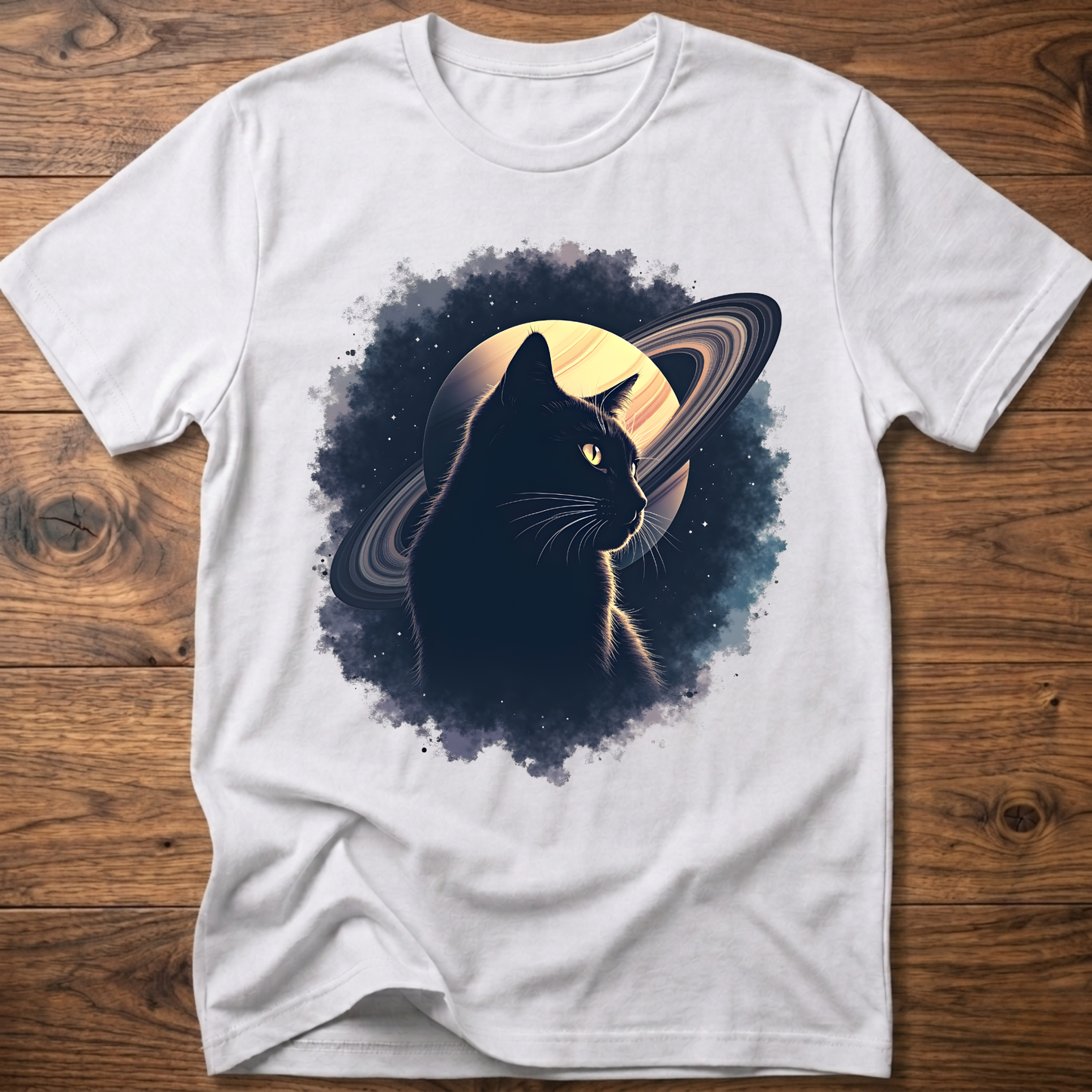 White cat graphic t-shirt with moon and swirl design, crew neck short sleeves