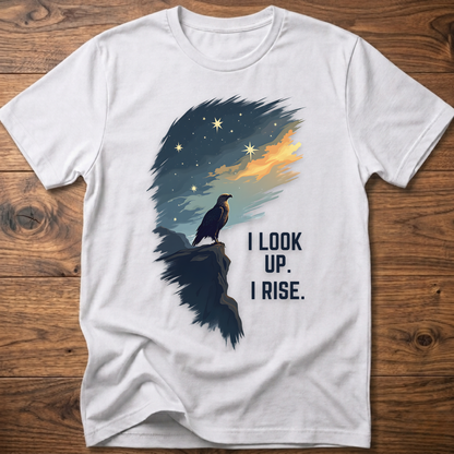 White T-shirt with raven sunrise graphic and 'I LOOK UP. I RISE.'