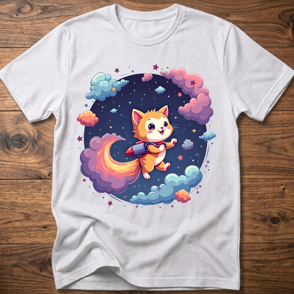 White kids' graphic T-shirt with smiling orange astronaut cat in a galaxy wreath