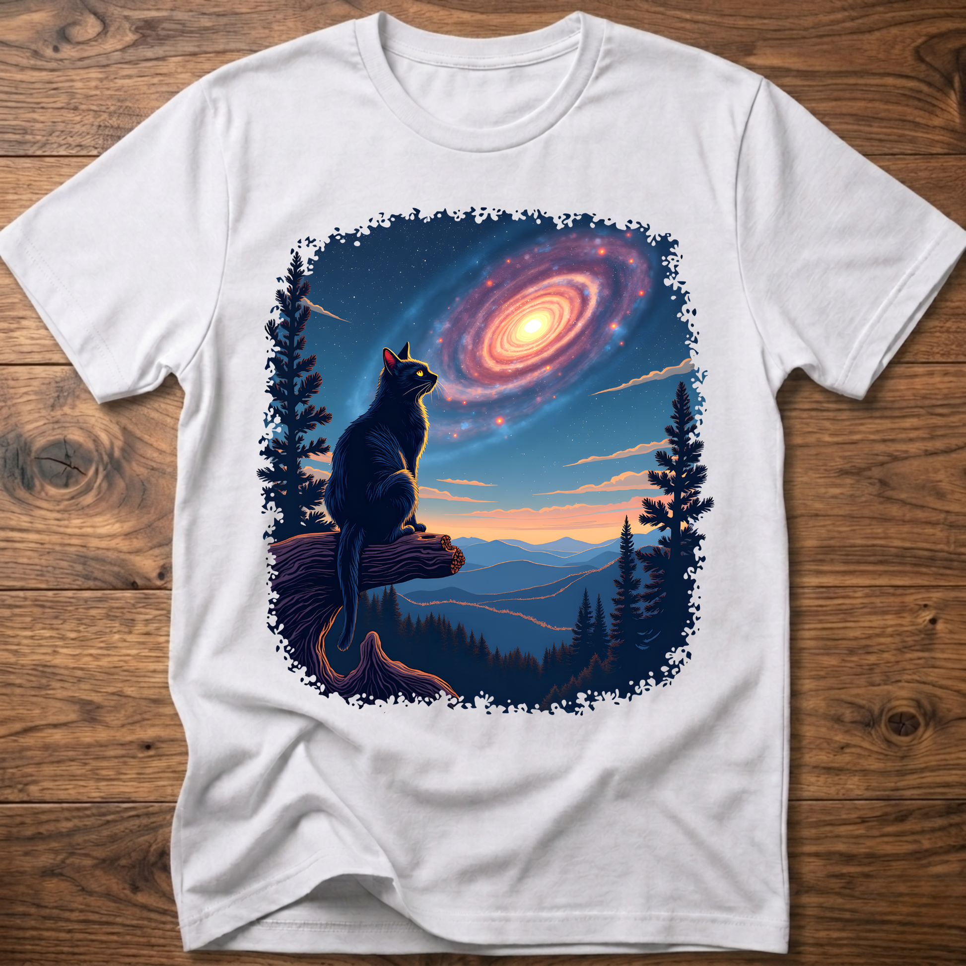 White cat galaxy t-shirt with standing cat, spiral nebula, forest trees