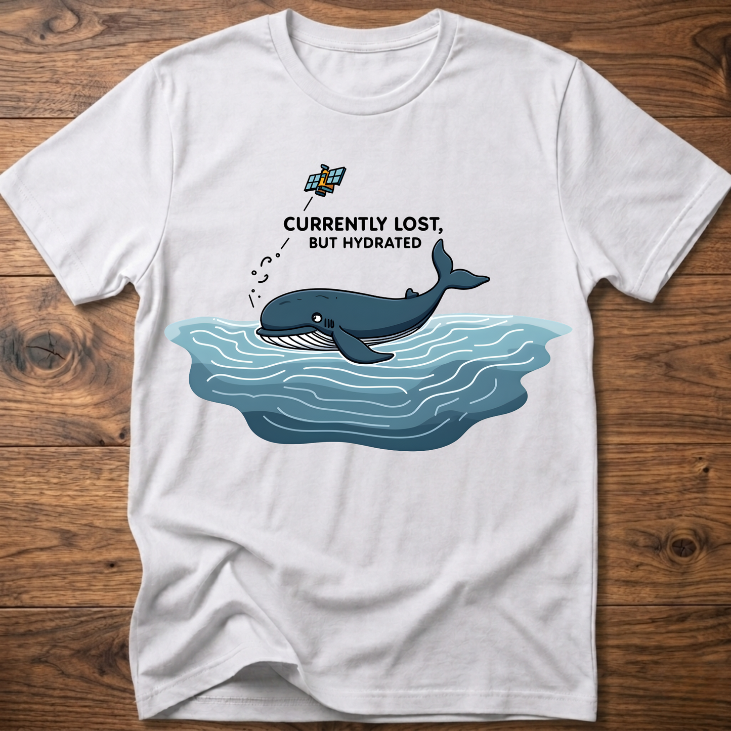 White crew-neck T-shirt with whale in water graphic on chest