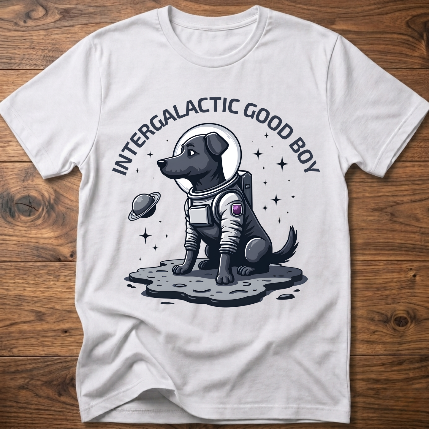 White “Intergalactic Good Boy” dog graphic T-shirt with short sleeves