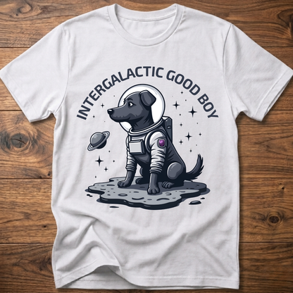 White “Intergalactic Good Boy” dog graphic T-shirt with short sleeves