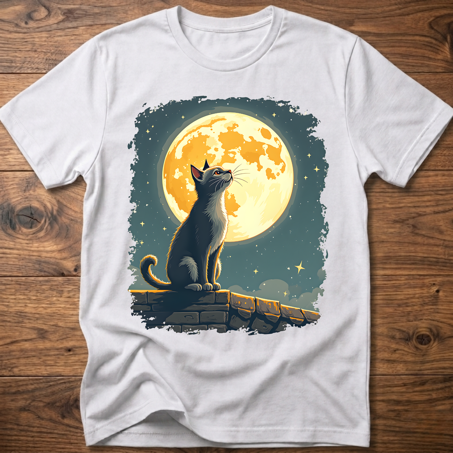 White cat graphic t-shirt with moonlit mural print