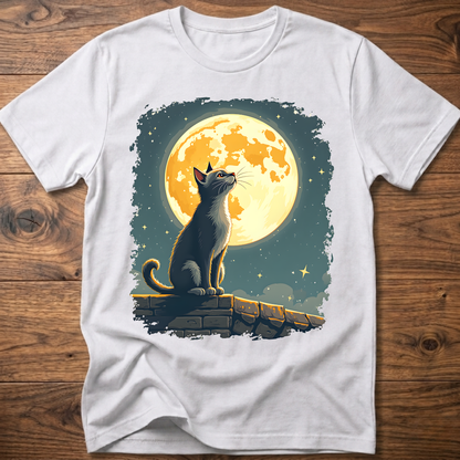 White cat graphic t-shirt with moonlit mural print