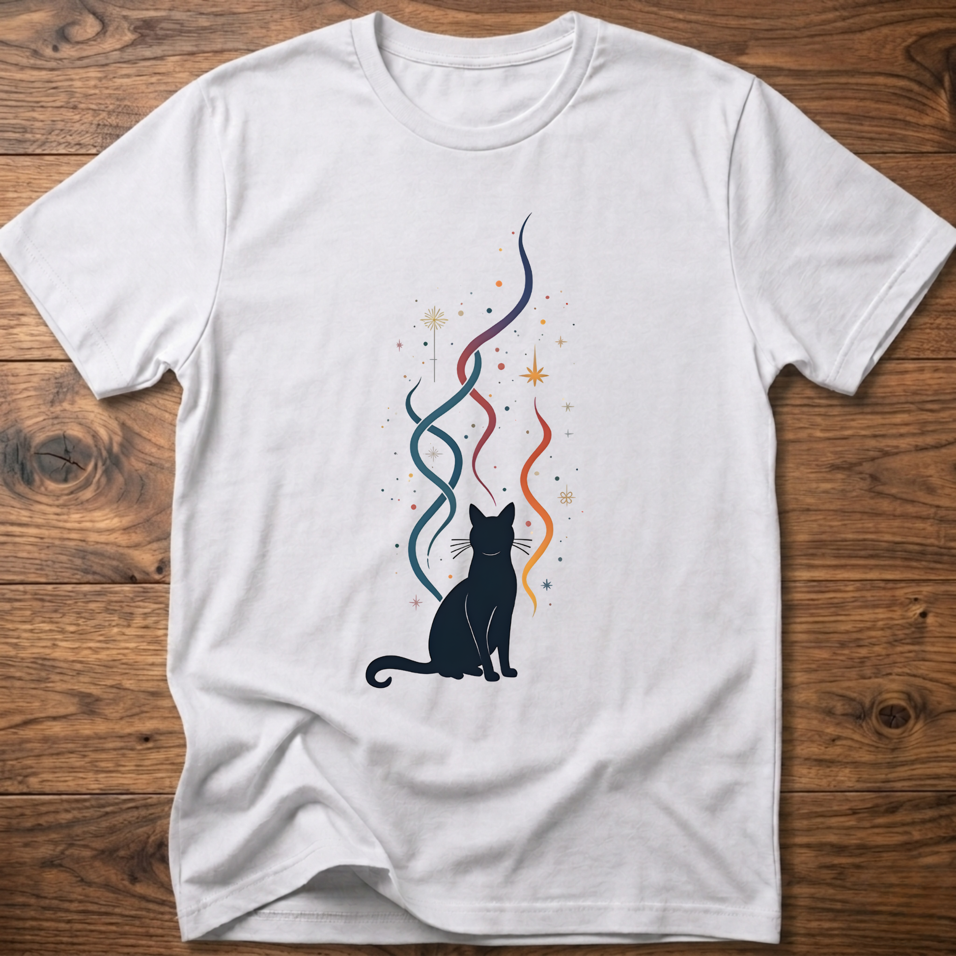 White crew-neck T-shirt with black cat silhouette and multicolor line graphic