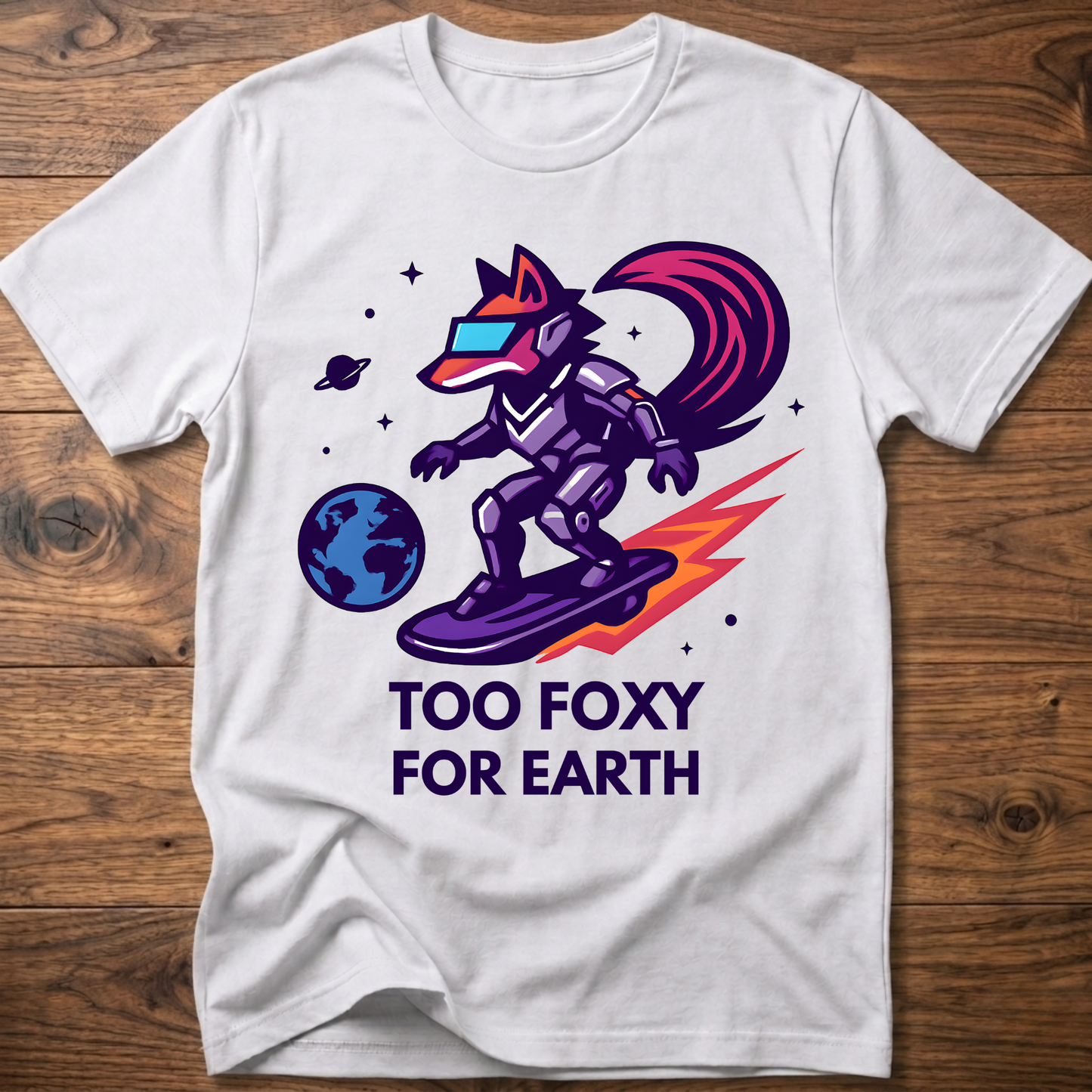 White T-shirt with fox astronaut graphic: 'TOO FOXY FOR EARTH'