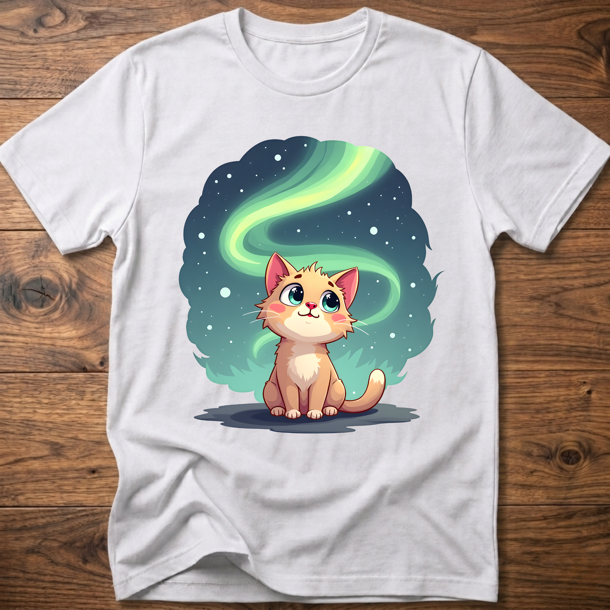 White kitty graphic t-shirt with glowing green swirl and cute cat