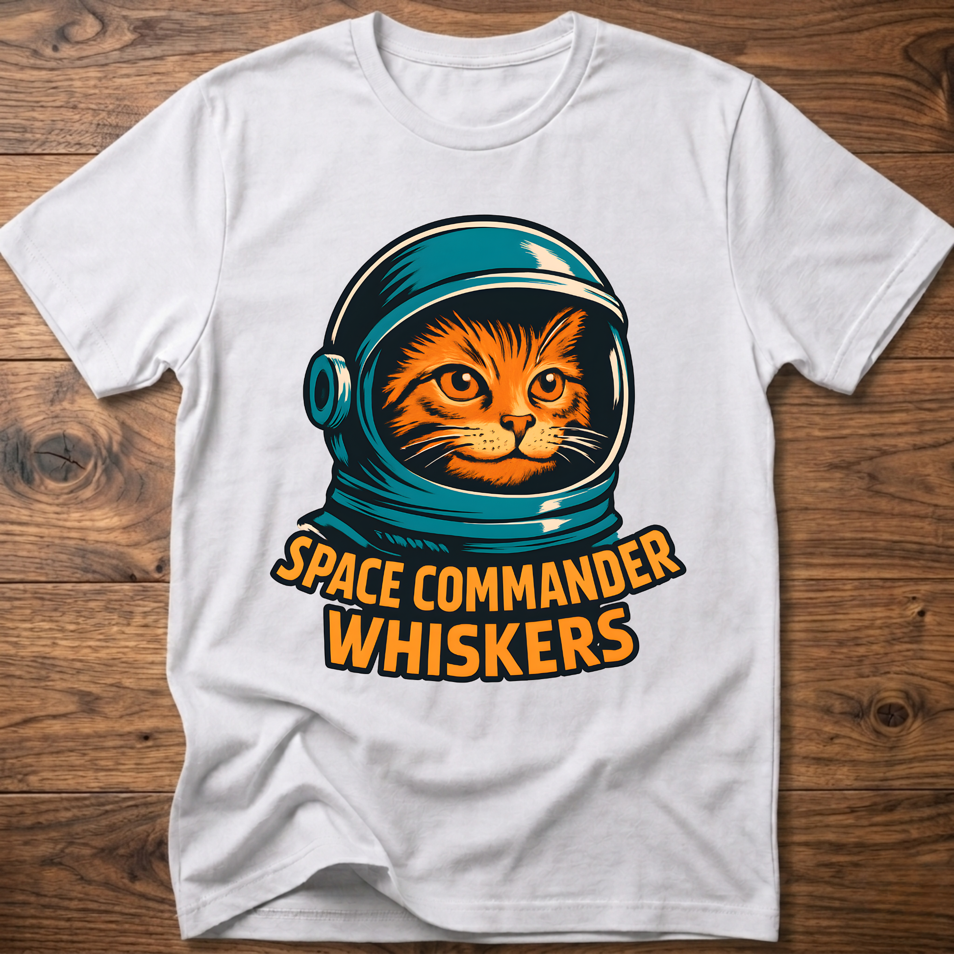 Astronaut cat graphic T-shirt, white; “SPACE COMMANDER WHISKERS” print