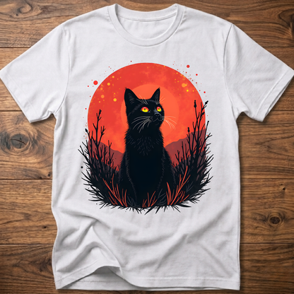 White T-shirt with black cat graphic in red-orange halo and night-plant silhouettes