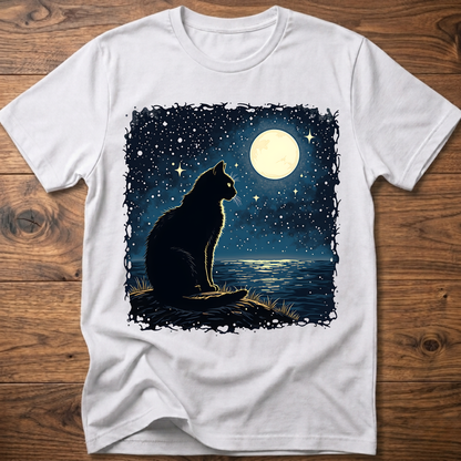 White T-shirt with black cat under moonlit night sky graphic, short sleeves