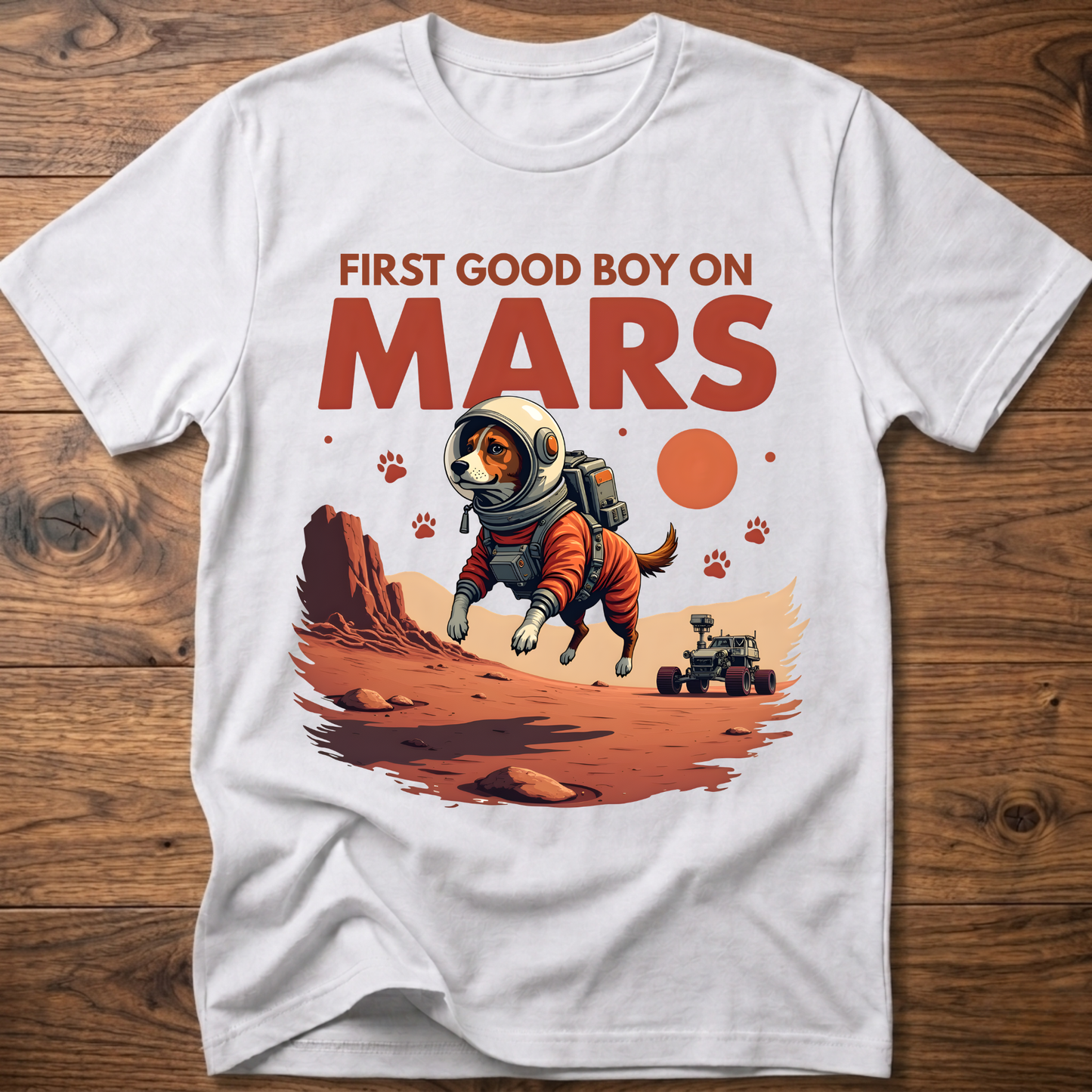 White crewneck t-shirt with astronaut dog and 'First Good Boy on Mars' graphic