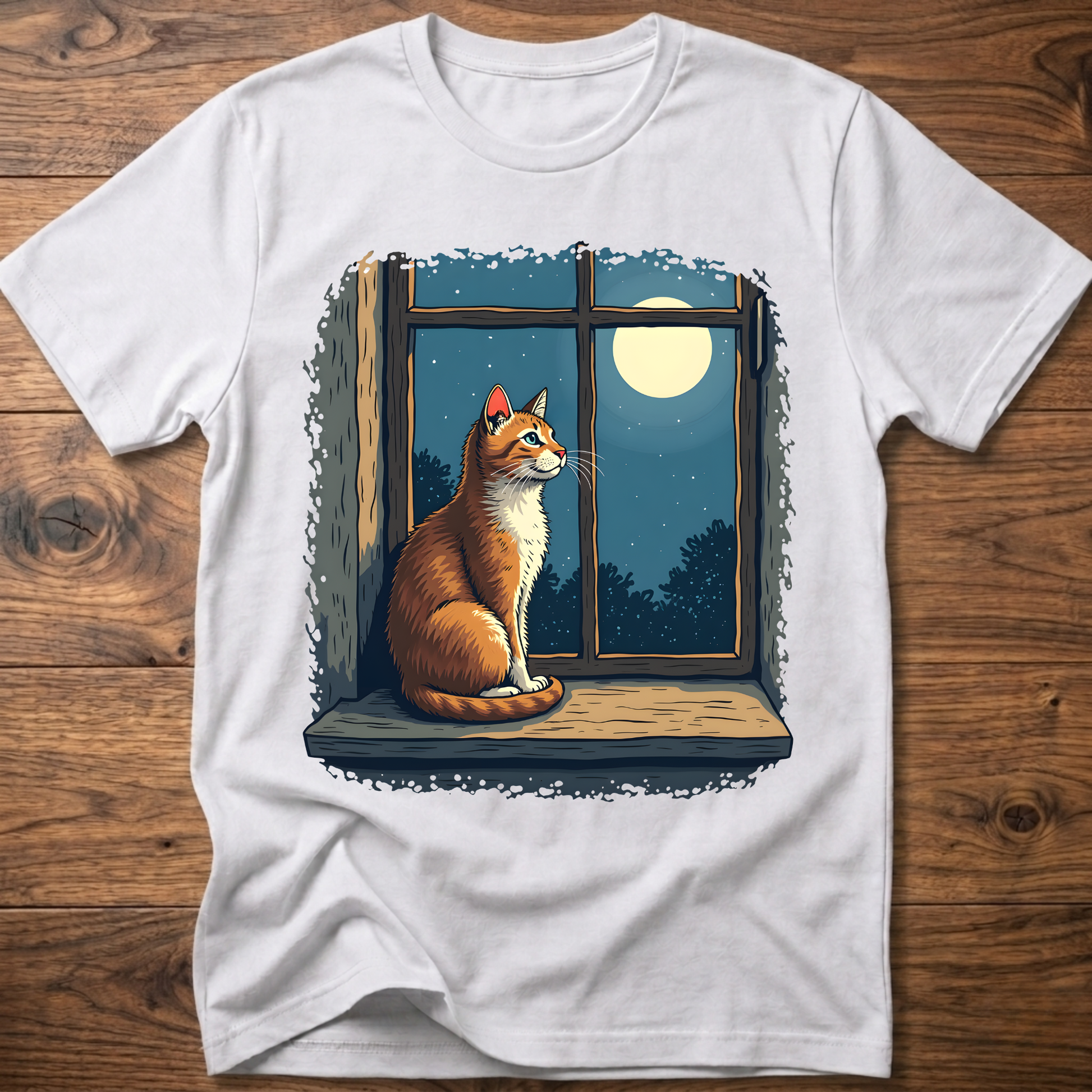 White t-shirt with vintage cat sitting by a window under a moon