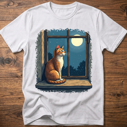 White t-shirt with vintage cat sitting by a window under a moon