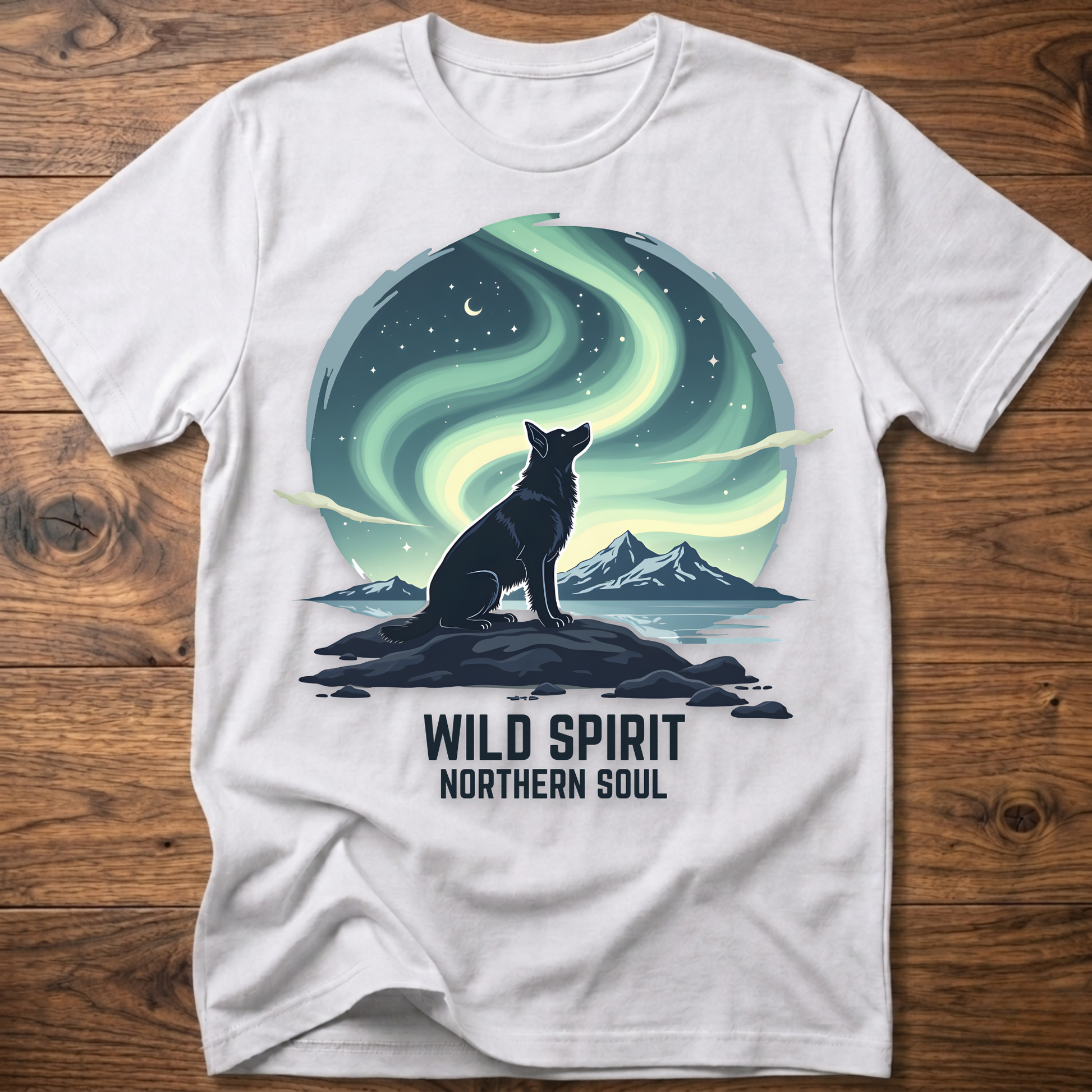 White crewneck T-shirt with cat aurora graphic and 'WILD SPIRIT NORTHERN SOUL'