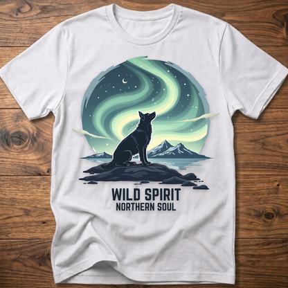 White crewneck T-shirt with cat aurora graphic and 'WILD SPIRIT NORTHERN SOUL'