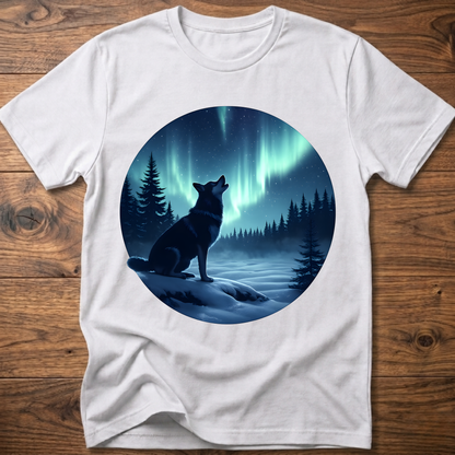 White dog graphic t-shirt with circular aurora scene and dog silhouette