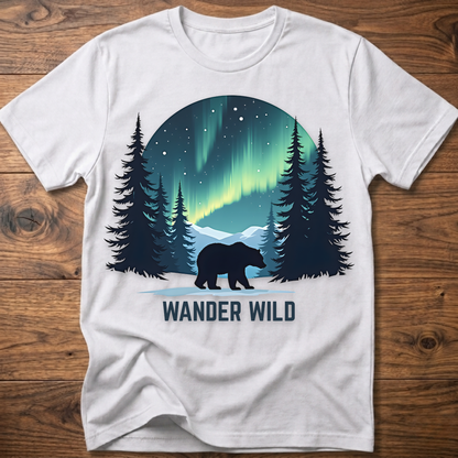 White crew-neck t-shirt with bear in forest graphic and 'Wander Wild' text