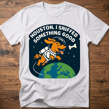 White dog-themed graphic T-shirt with bone and earth illustration