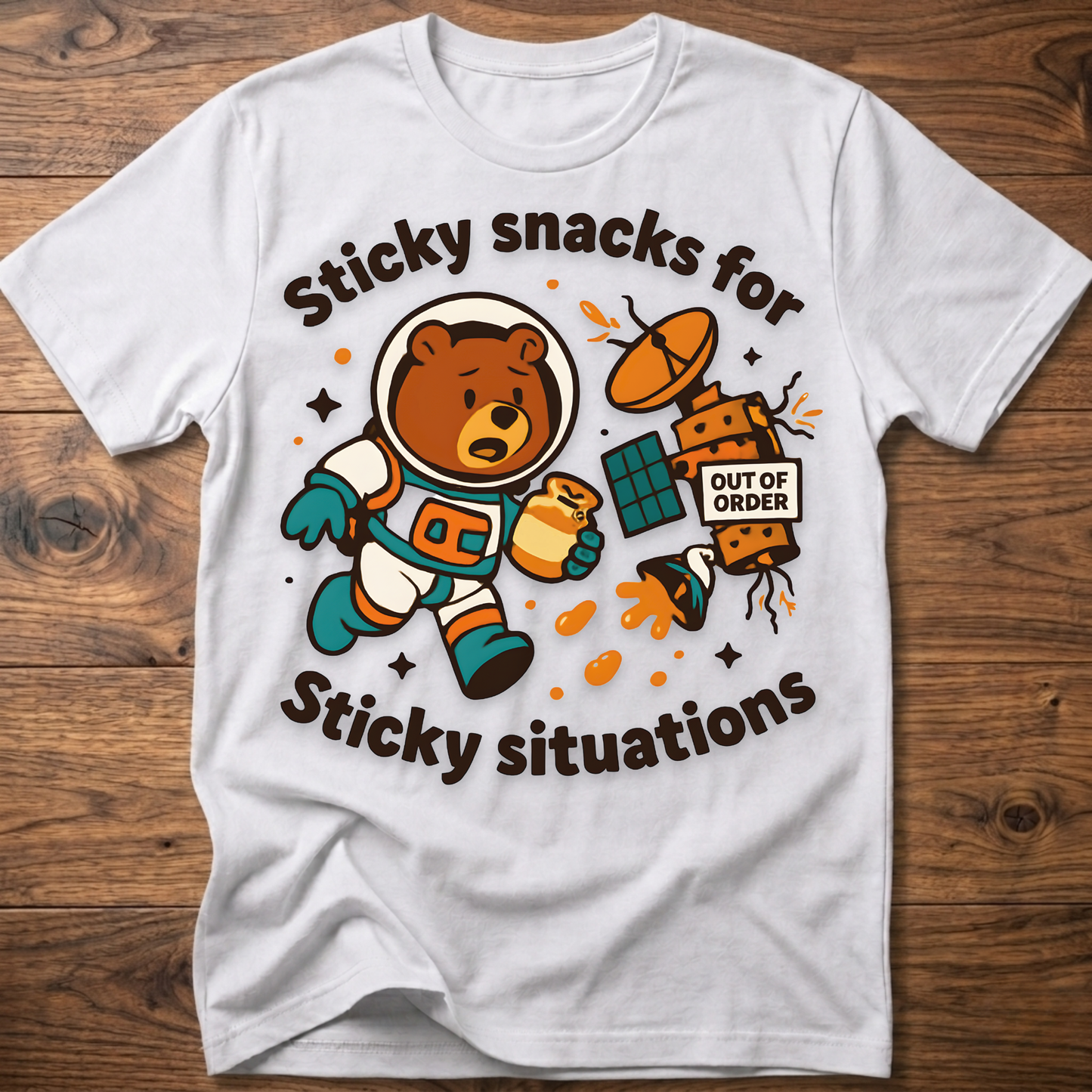 White bear graphic t-shirt with cartoon snack scene and 'Out of Order' badge