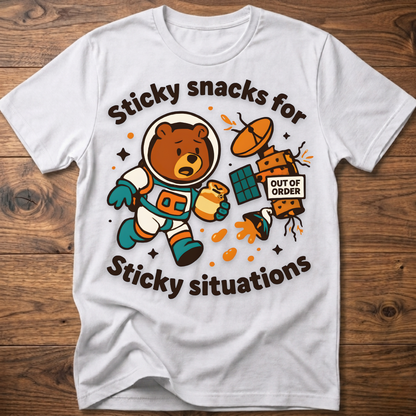 White bear graphic t-shirt with cartoon snack scene and 'Out of Order' badge