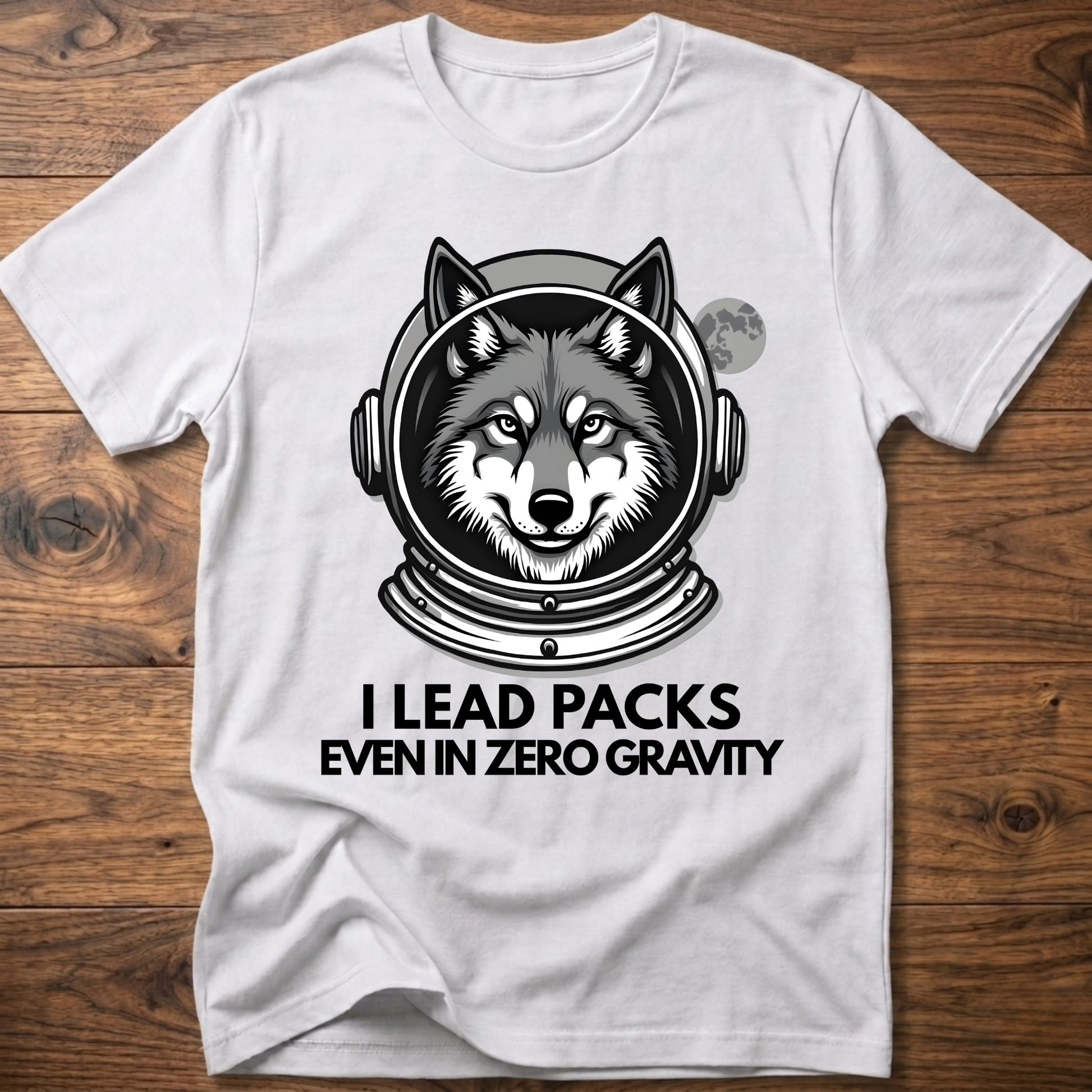 White T-shirt with husky astronaut graphic and "I Lead Packs Even in Zero Gravity" text