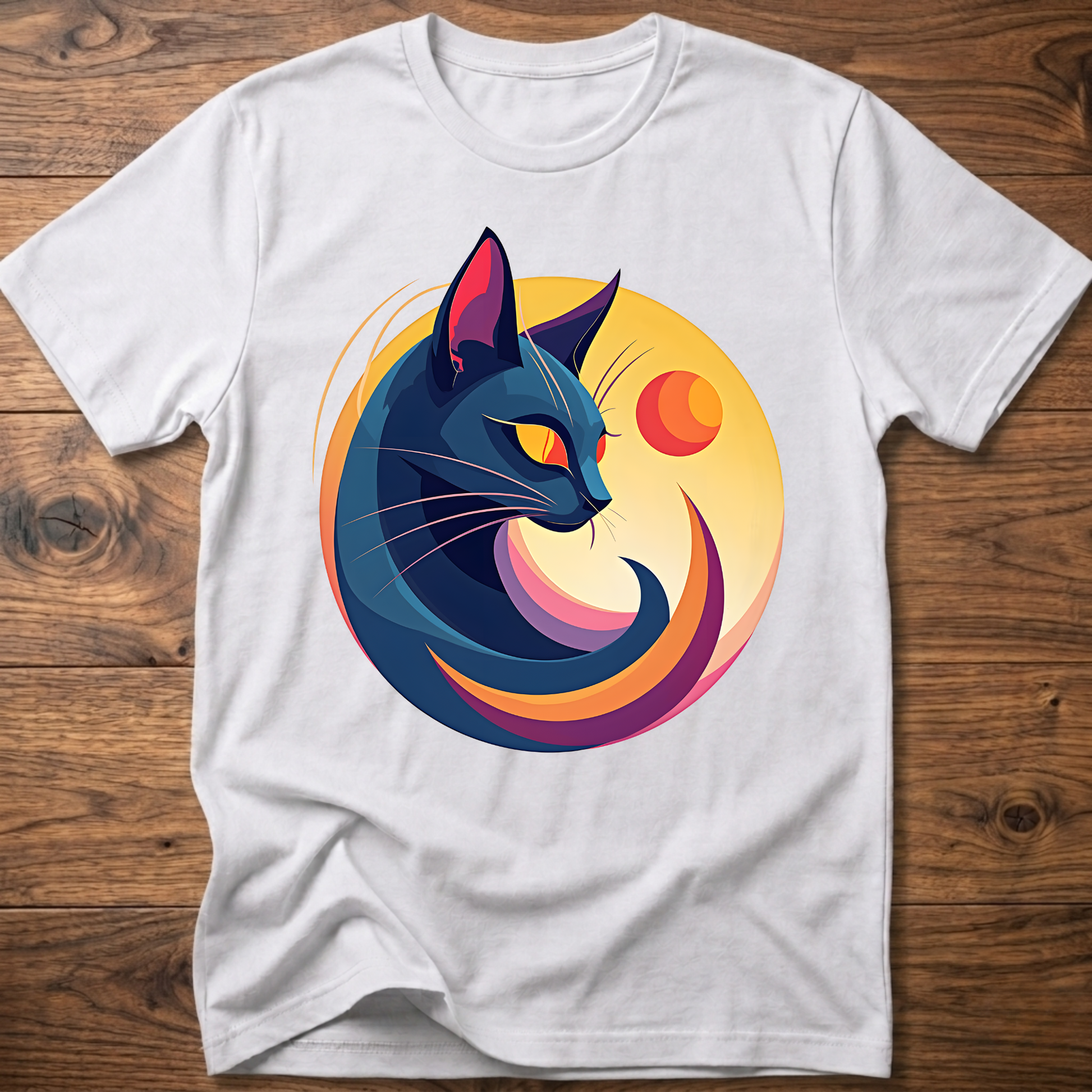 White cat and moon geometric graphic t-shirt, short-sleeve crew neck