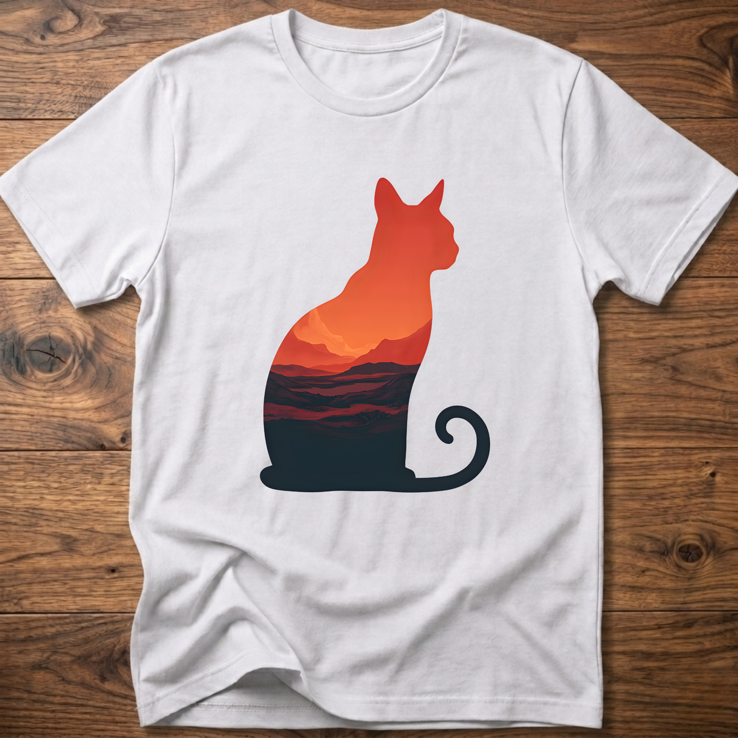 Martian cat graphic t-shirt, white; orange cat sunset landscape graphic