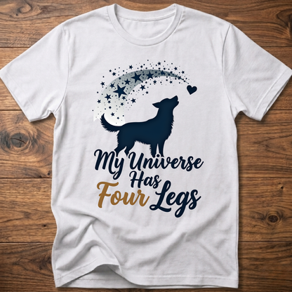 White dog graphic crew-neck T-shirt with 'My Universe Has Four Legs' text
