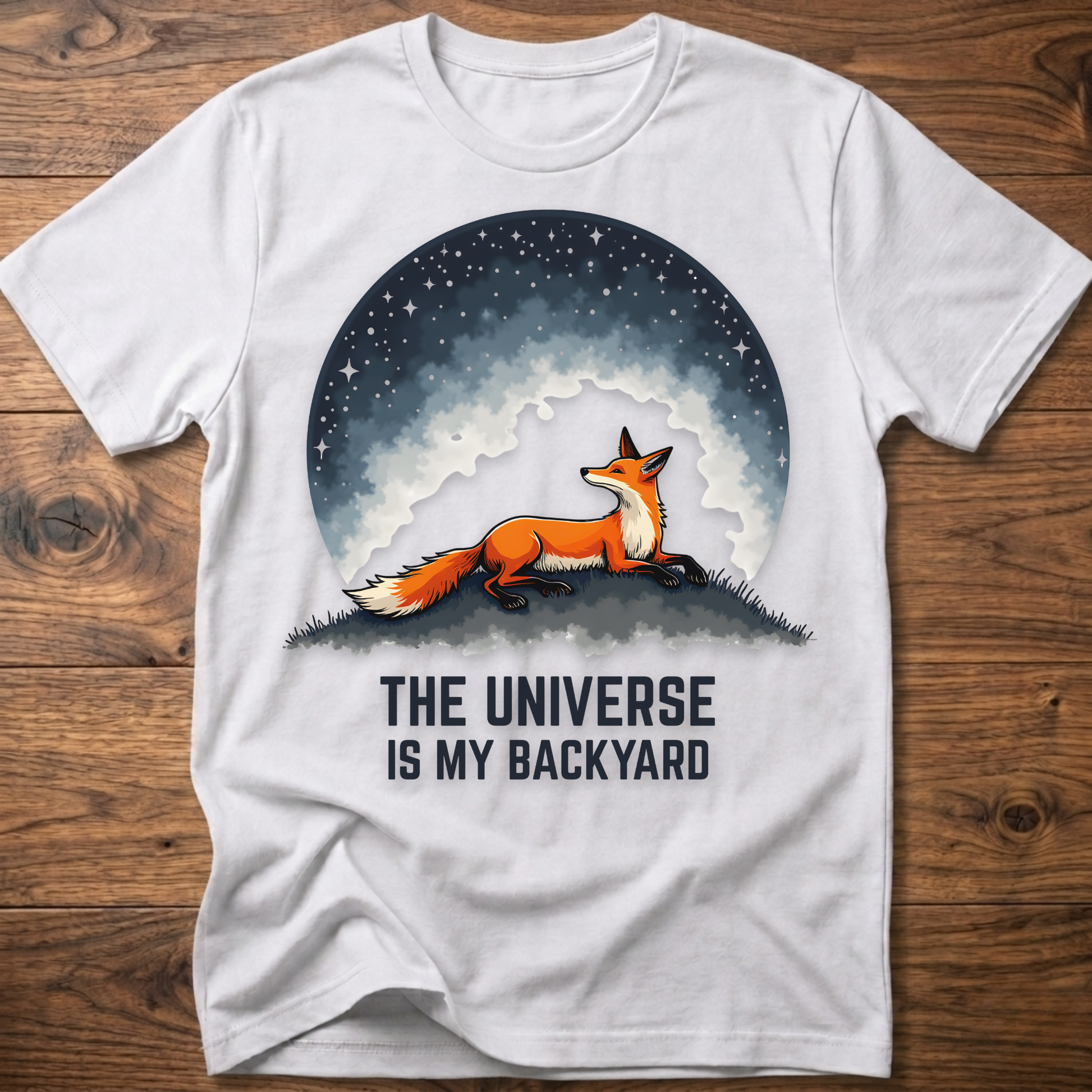 White crewneck T-shirt with fox under space dome graphic and 'The Universe Is My Backyard'