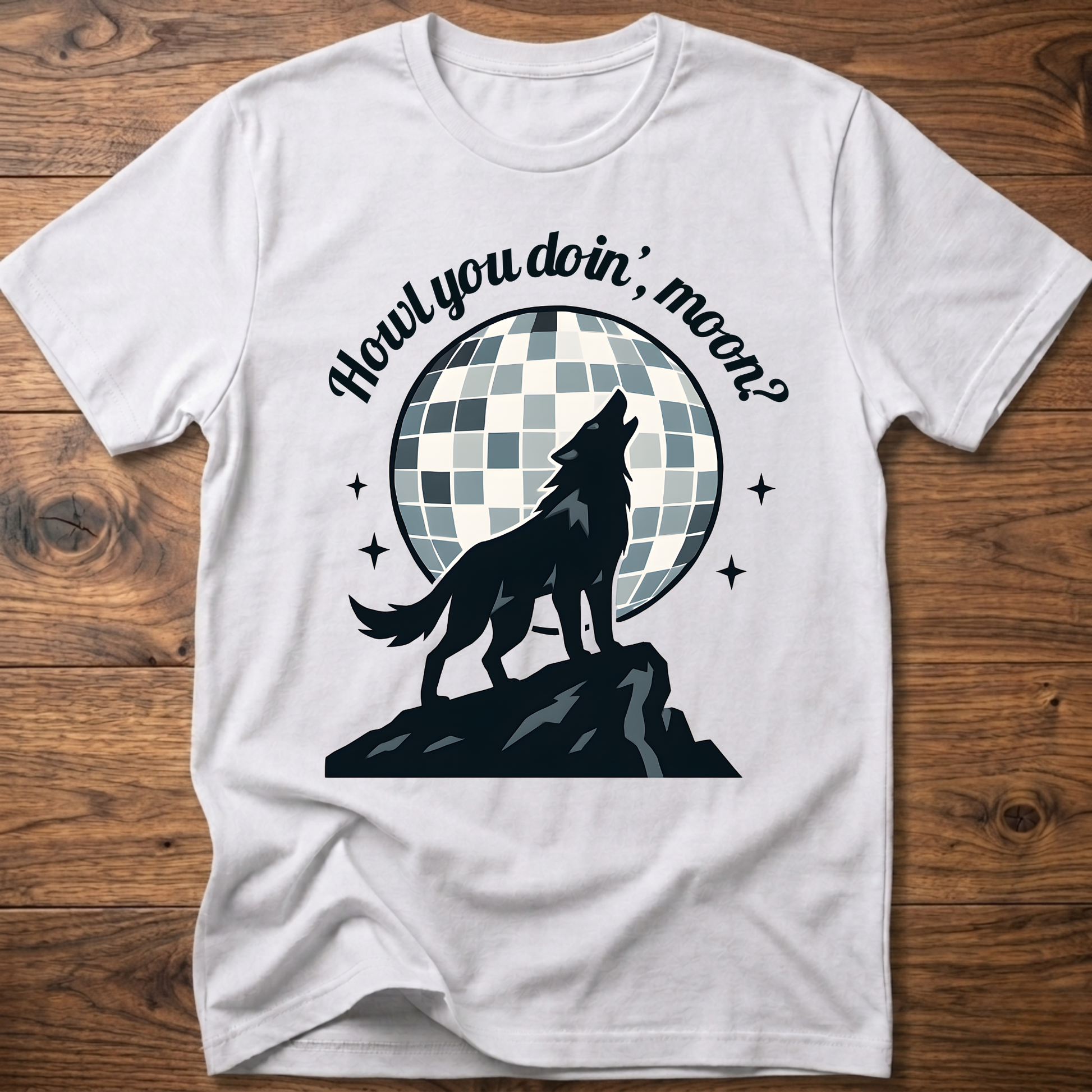 White wolf graphic T-shirt with circular check background and slogan text