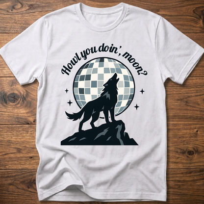 White wolf graphic T-shirt with circular check background and slogan text